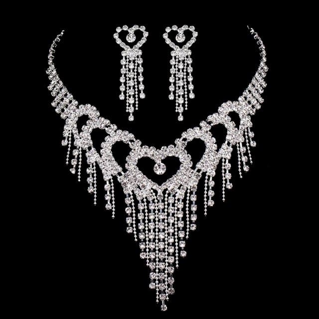 luxury rhinestone heart tassel crystal necklace earrings bracelet bridal jewelry sets necklace earrings / clear