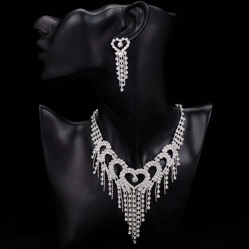 luxury rhinestone heart tassel crystal necklace earrings bracelet bridal jewelry sets