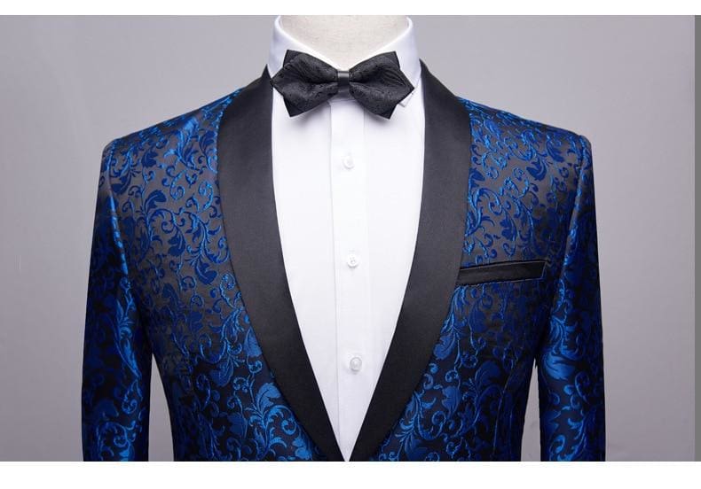 luxury royal blue floral shawl laple one button blazer for men