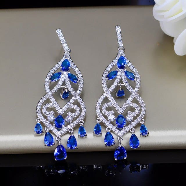 luxury royal cz jewelry long hollow hanging drop stone earrings blue