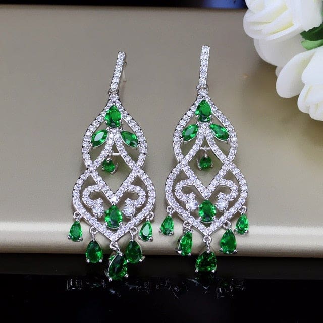luxury royal cz jewelry long hollow hanging drop stone earrings green