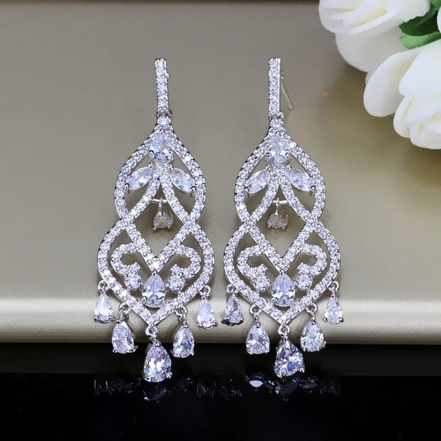 luxury royal cz jewelry long hollow hanging drop stone earrings white