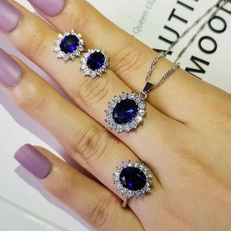 Luxury Silver Blue Sunflower Bridal Jewelry 3pcs Pack JEWELRY SETS