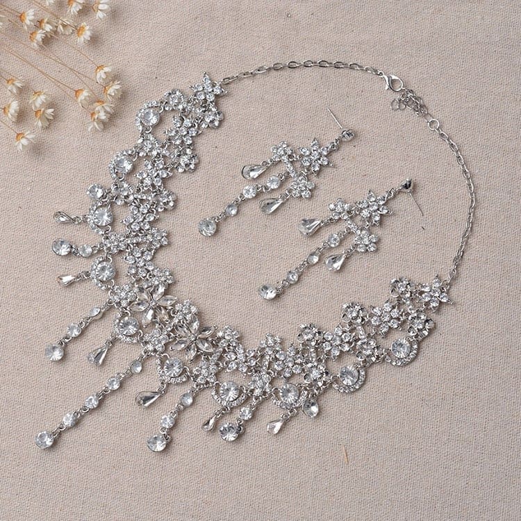 luxury silver color crystal flowers rhinestone tiara bridal jewelry set