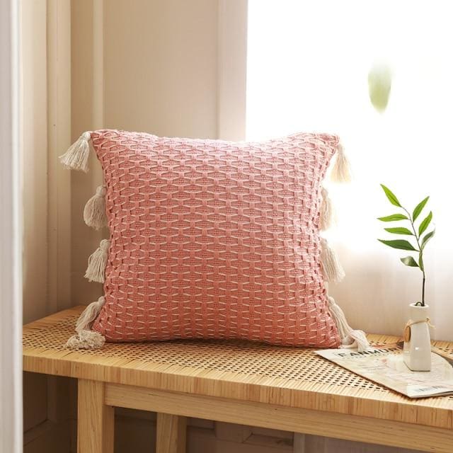 luxury solid color tassel knitting cushion cover 45x45cm / pink