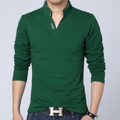 Mandarin Collar Long Sleeve Slim Fit T-Shirt Green / L T-SHIRT