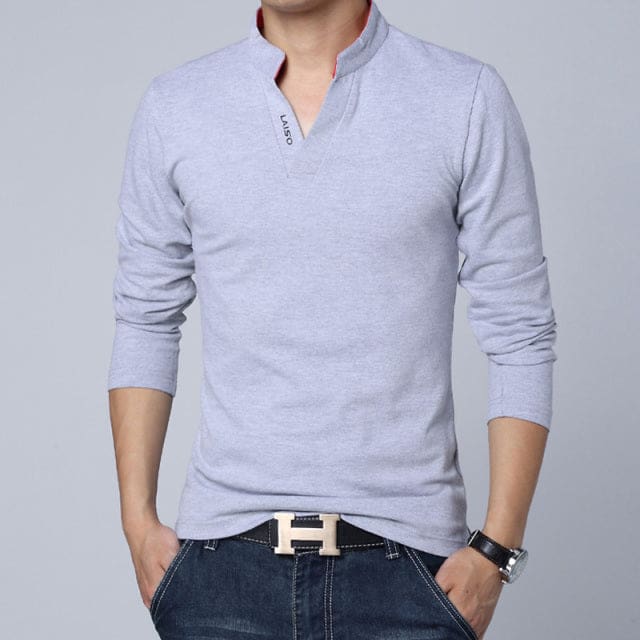 Mandarin Collar Long Sleeve Slim Fit T-Shirt Grey / L T-SHIRT
