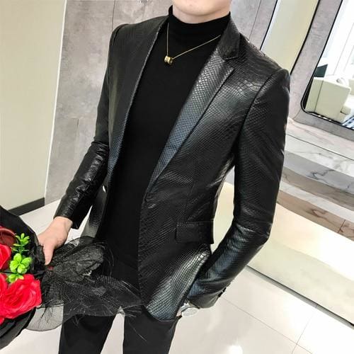 men's imitation leather business casual slim solid color leather jacket