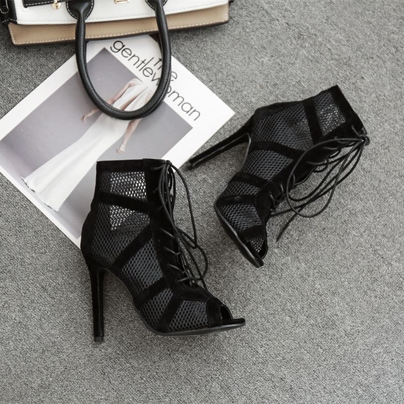 Mesh Cutout Black Ballroom Party Boots HIGH HEELS