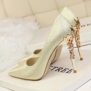 metal carved thin heel sexy pointed toe ladies shoes