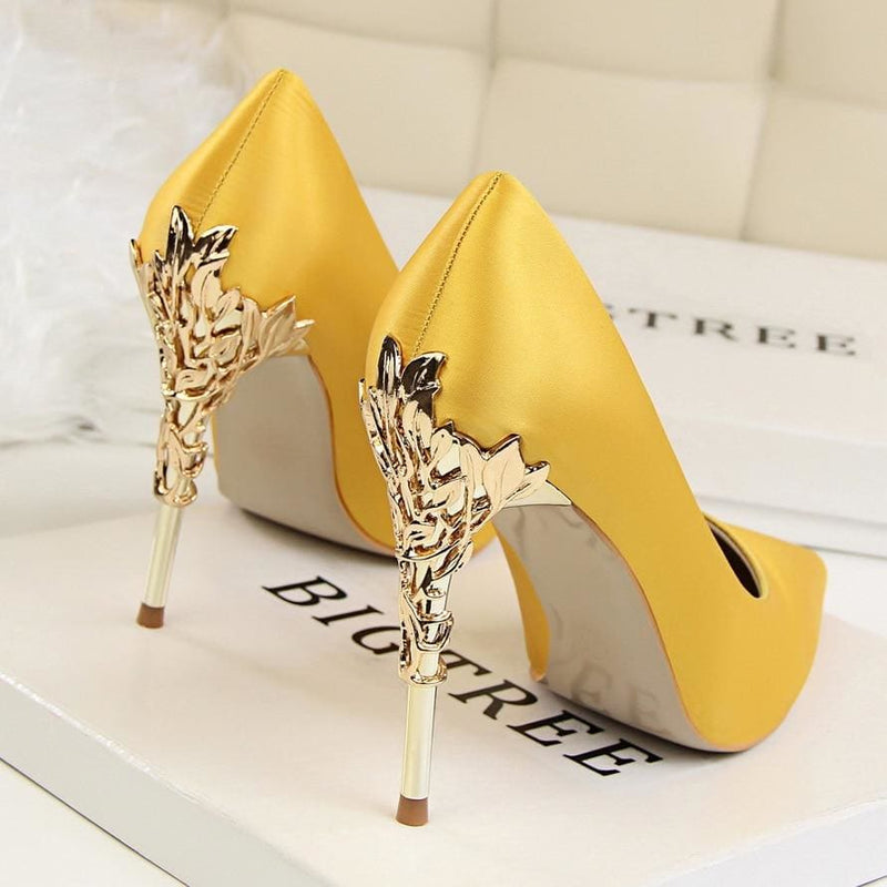 metal carved thin heel sexy pointed toe ladies shoes