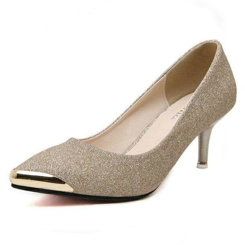 metal head pointed stiletto sexy sequins work shoes
