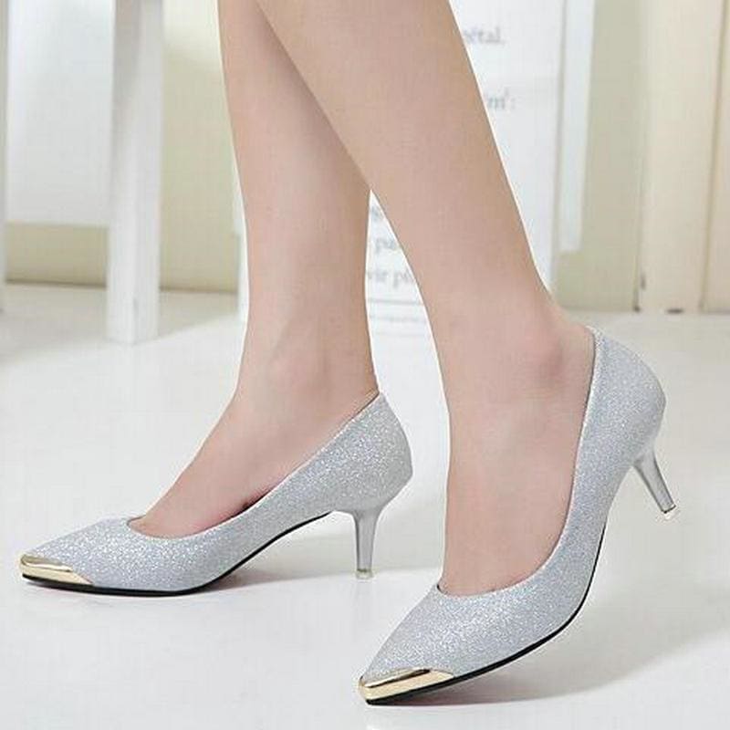 metal head pointed stiletto sexy sequins work shoes