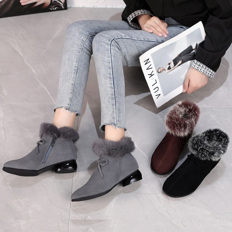 natural fur genuine leather comfortable med heels ankle winter boots