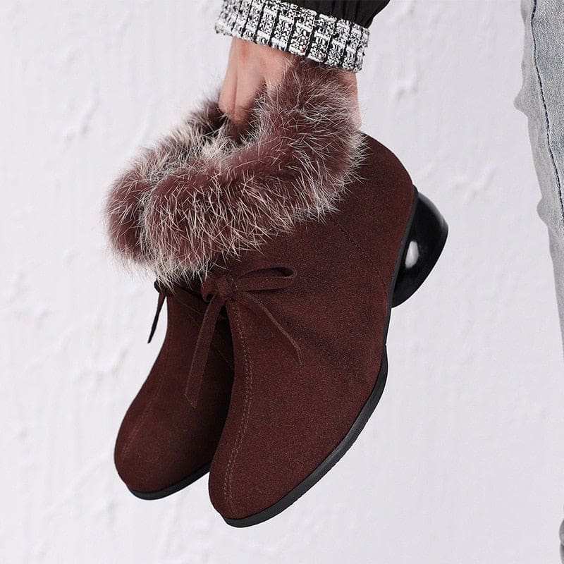 natural fur genuine leather comfortable med heels ankle winter boots