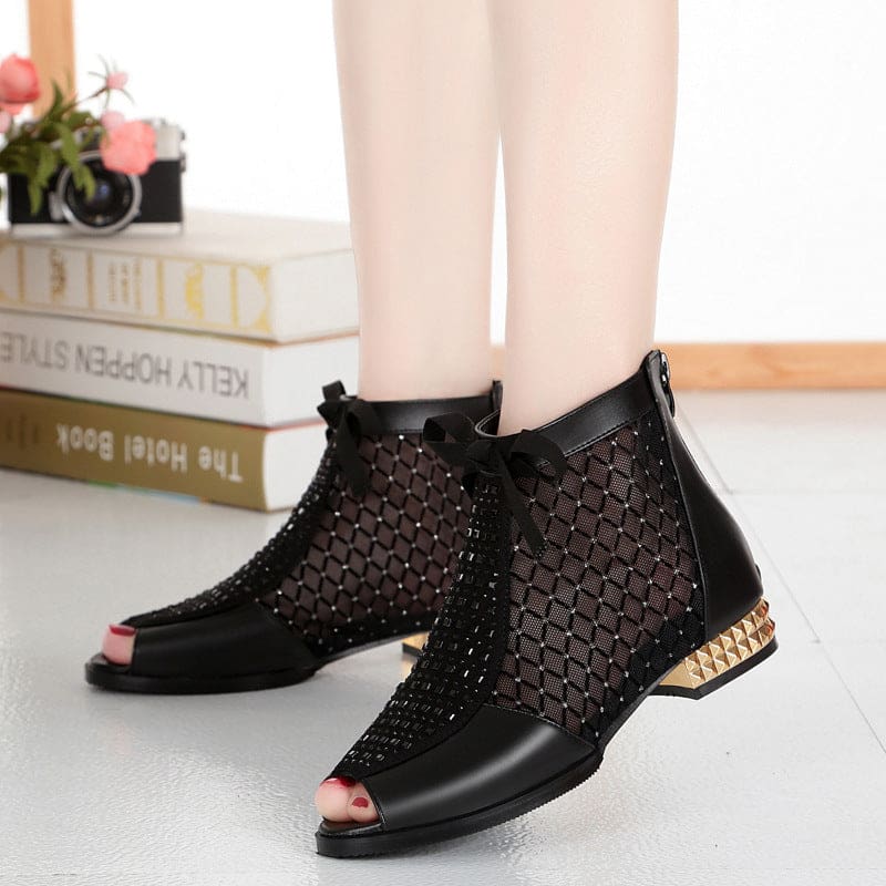 new bow genuine leather hollow mesh ankle women boots