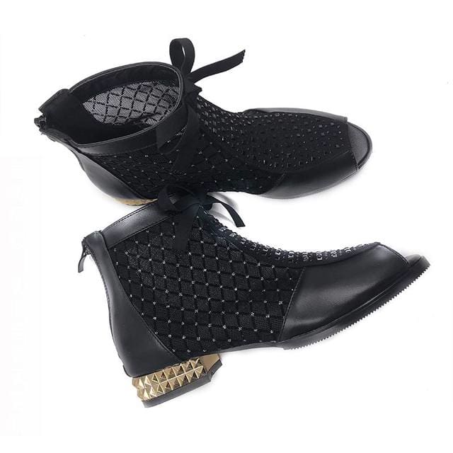 new bow genuine leather hollow mesh ankle women boots