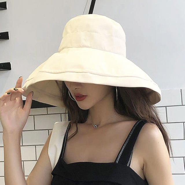 new cotton breathable big brim solid color fashion bucket hat beige