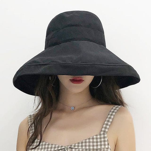new cotton breathable big brim solid color fashion bucket hat black