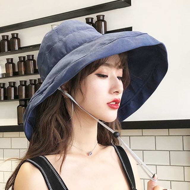 new cotton breathable big brim solid color fashion bucket hat navy