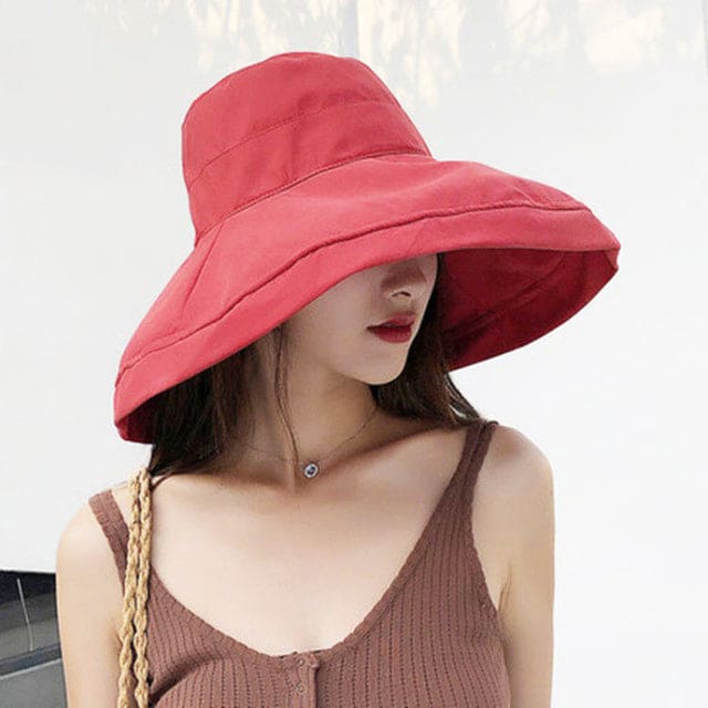 new cotton breathable big brim solid color fashion bucket hat red