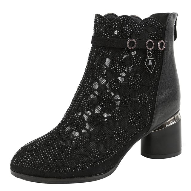 new fashion rhinestones gauze thick heels mesh boots