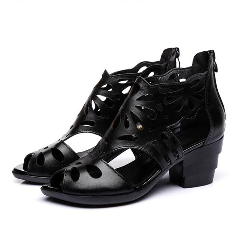 New Real Thick Heel Cowhide Hollow Summer Women Sandals Black / 6 HIGH HEELS