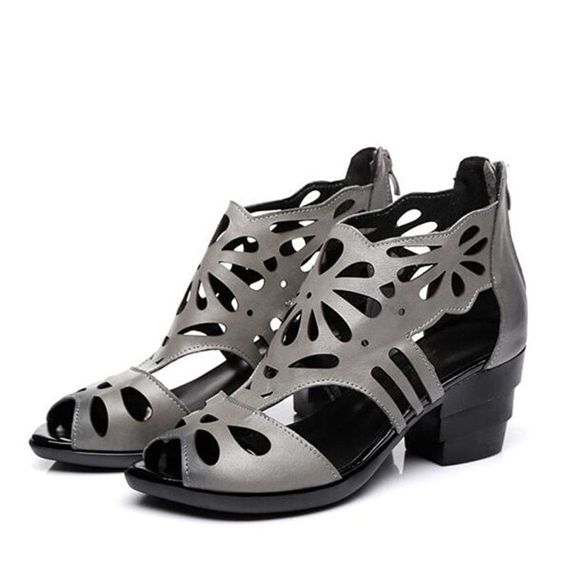 New Real Thick Heel Cowhide Hollow Summer Women Sandals Gray / 9 HIGH HEELS