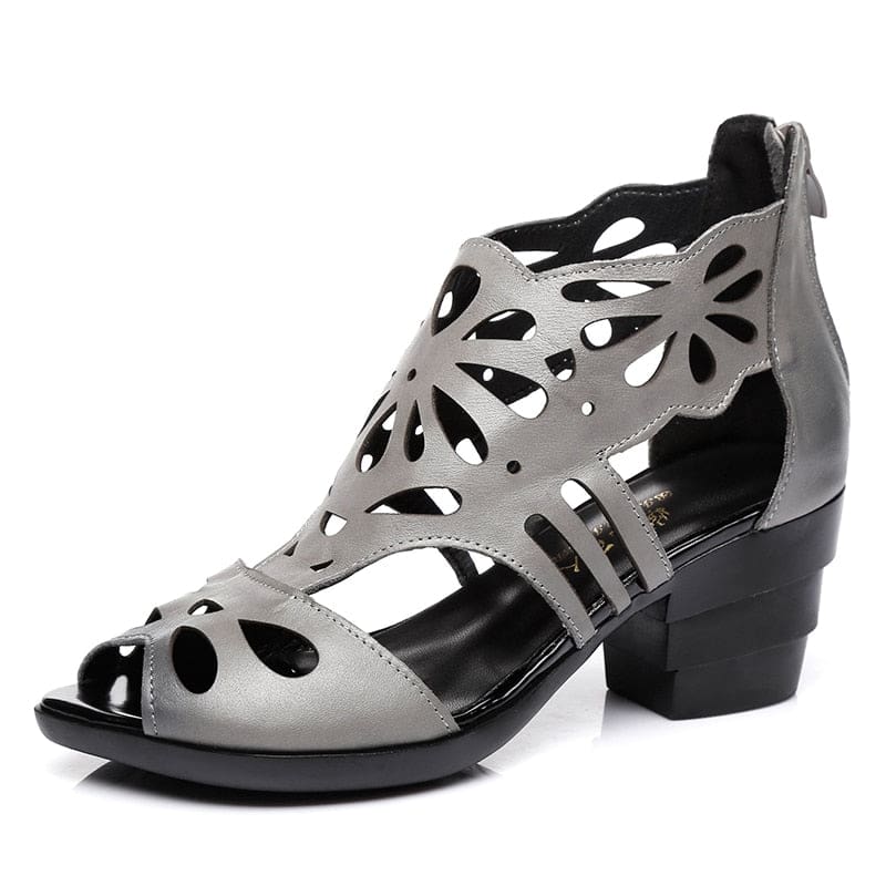 New Real Thick Heel Cowhide Hollow Summer Women Sandals HIGH HEELS