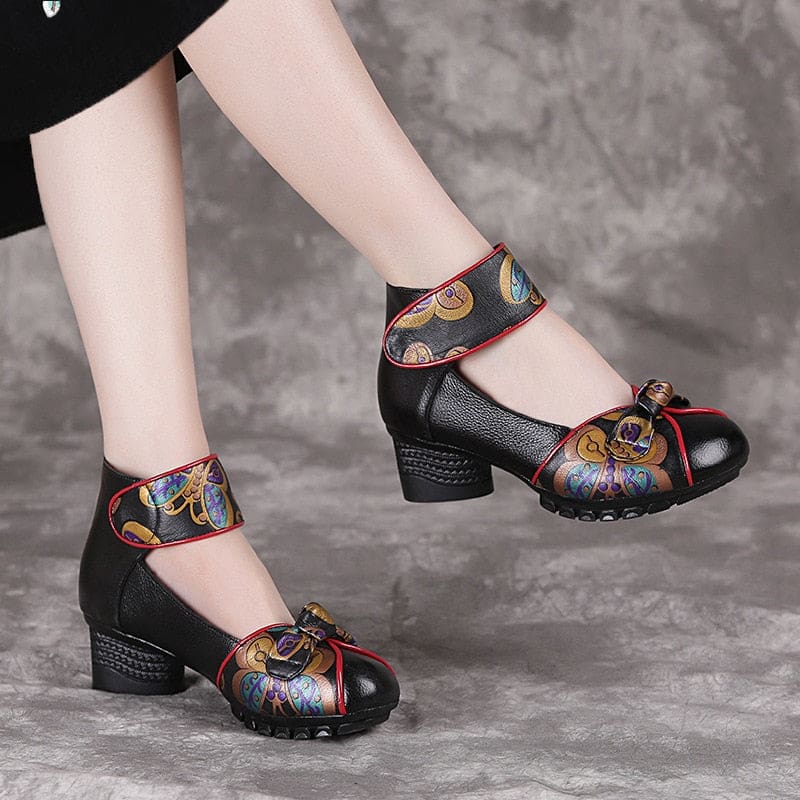 New Retro Genuine Leather Platform Soft Bottom Women Shoes Black / 5 HIGH HEELS