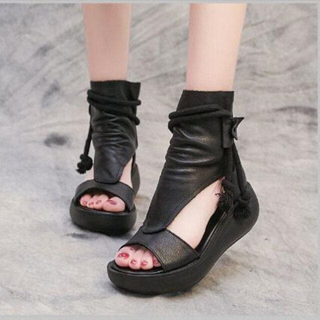 New Summer Cool Boots Platform Leather Wedges Women Sandals Black / 6 WOMEN SANDALS