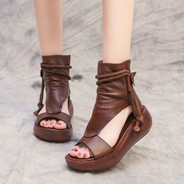 New Summer Cool Boots Platform Leather Wedges Women Sandals Chocolate / 4 WOMEN SANDALS
