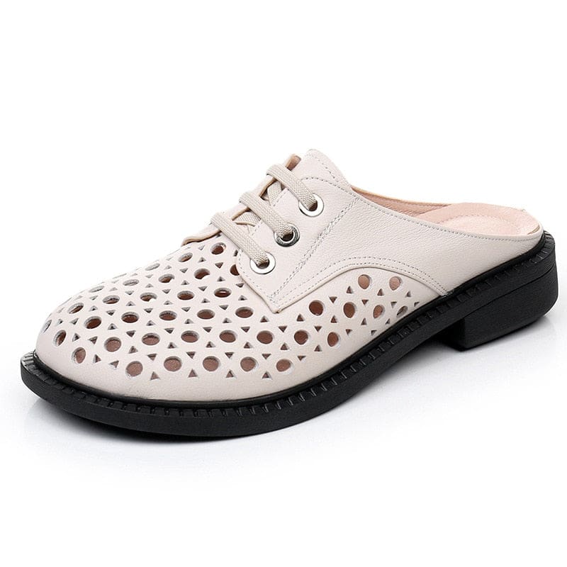 New Summer Round Toe Hollow Genuine Leather Casual Low Heel Women Shoe Beige / 12 HIGH HEELS