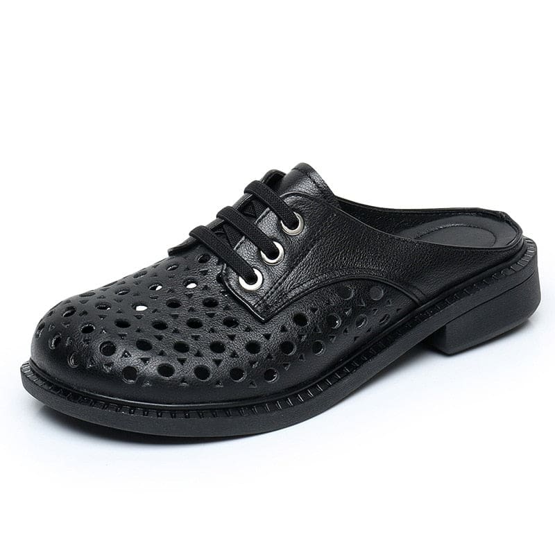 New Summer Round Toe Hollow Genuine Leather Casual Low Heel Women Shoe Black / 4 HIGH HEELS