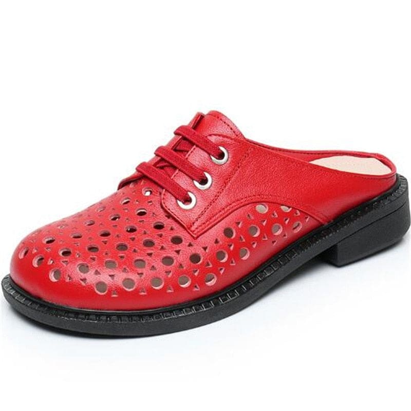 New Summer Round Toe Hollow Genuine Leather Casual Low Heel Women Shoe Red / 12 HIGH HEELS
