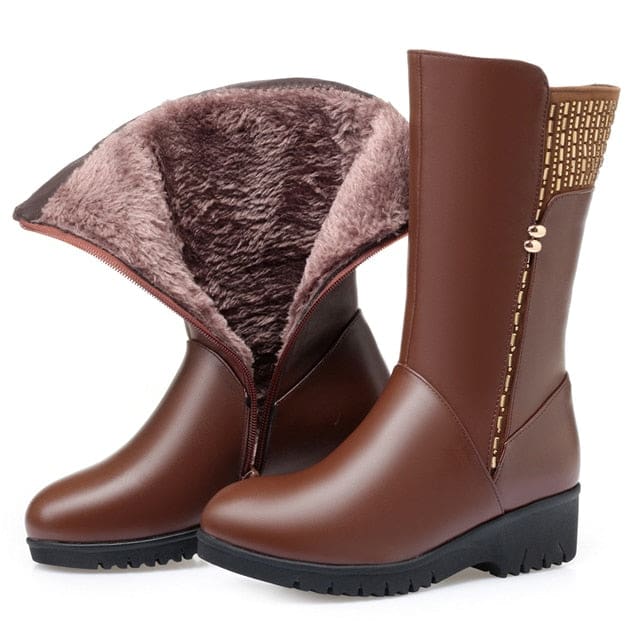 New Winter Cow Leather Wedges Inside Plush Wool Women Snow Boots Brown / 7.5 WOMEN BOOTS
