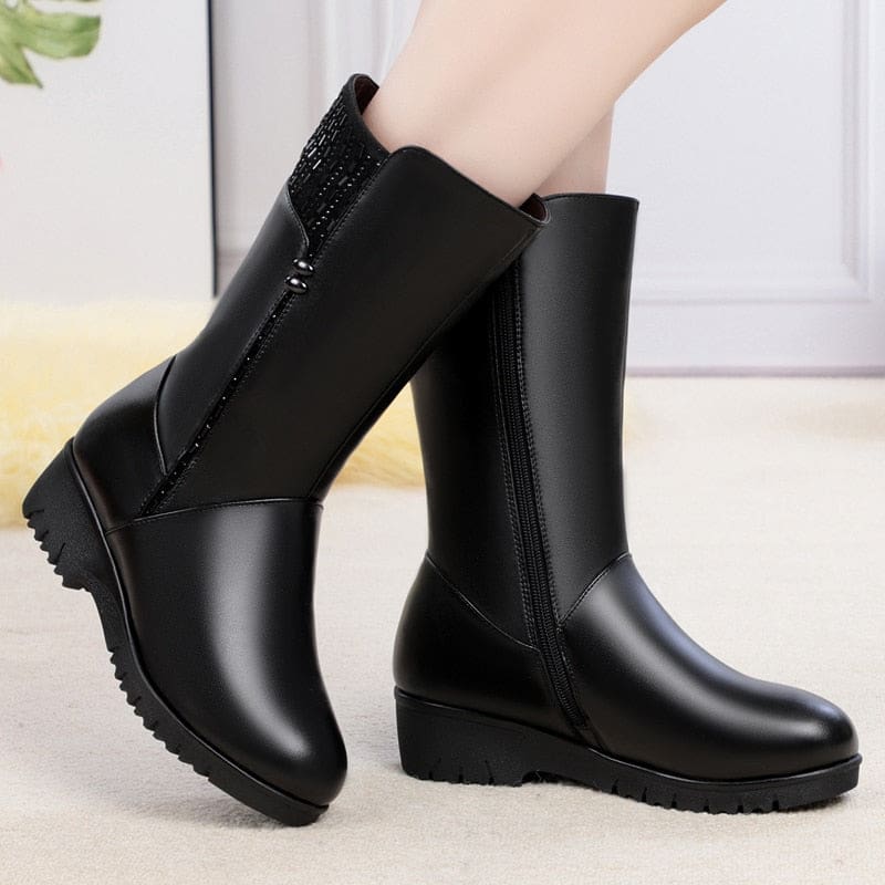 New Winter Cow Leather Wedges Inside Plush Wool Women Snow Boots WOMEN BOOTS
