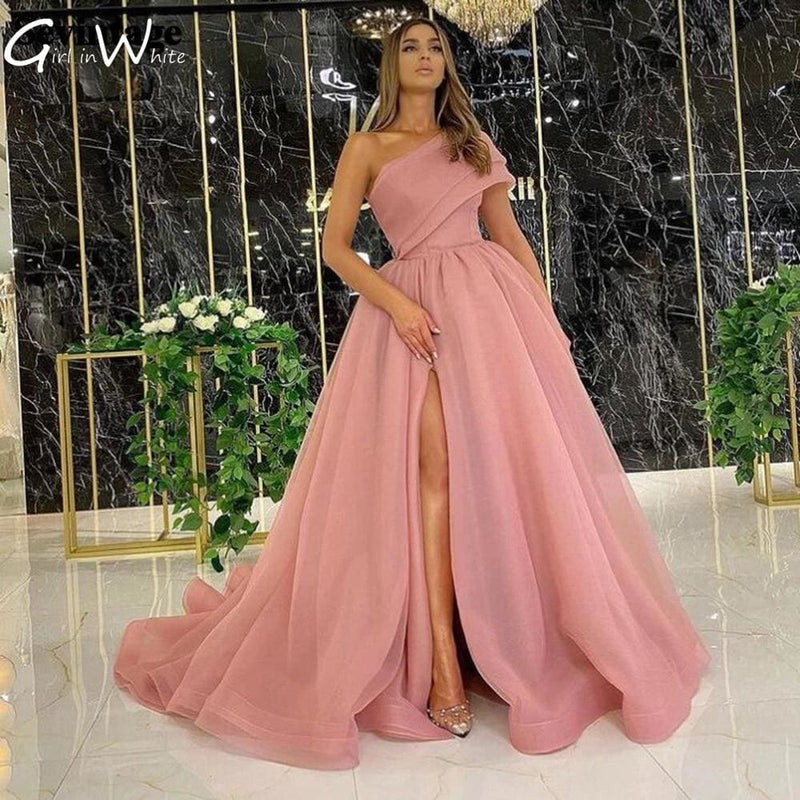 one shoulder high slit a line evening prom party gowns