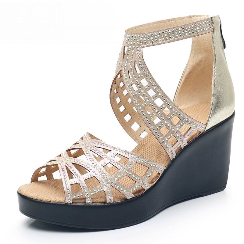 Open Toe Rhinestone Hollow Out Wedges Women High Heels Gold / 6.5 HIGH HEELS