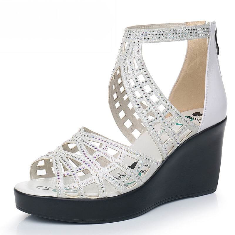 Open Toe Rhinestone Hollow Out Wedges Women High Heels White / 9 HIGH HEELS