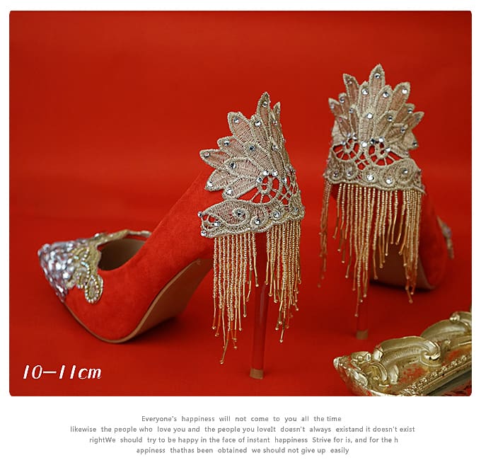 palace tetro style rhinestone tassel gold lace flower bridal heels