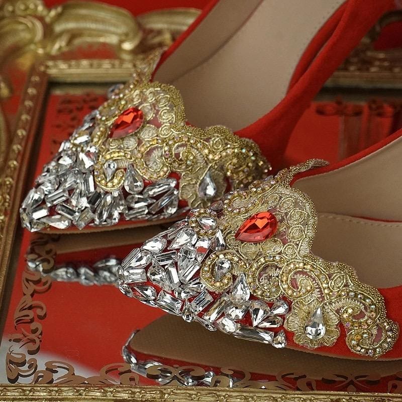 palace tetro style rhinestone tassel gold lace flower bridal heels