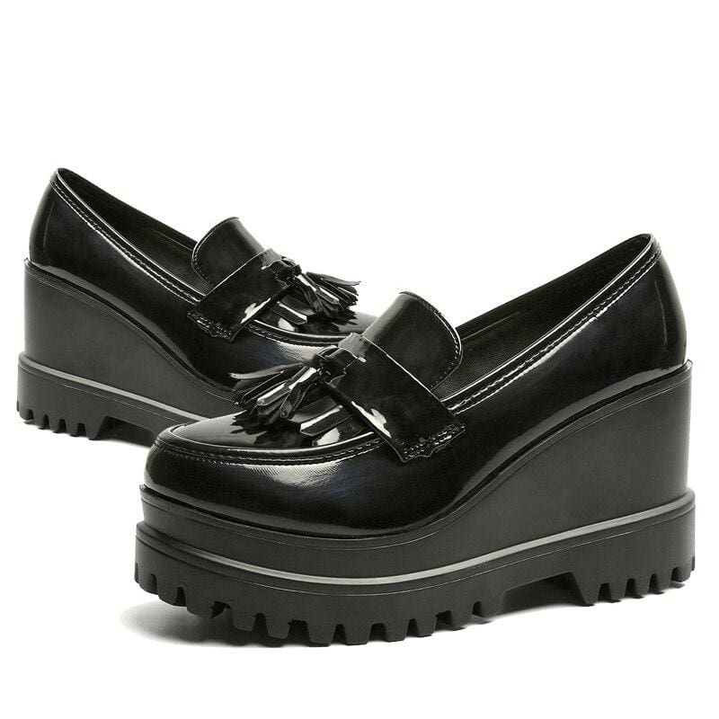 patent leather tassels women creepers platform casual high heels