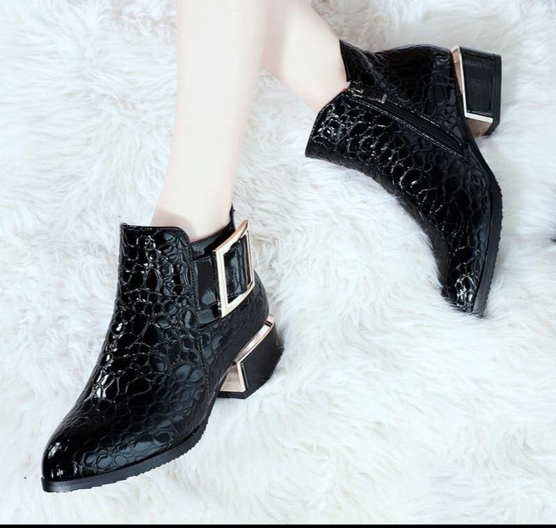 patent leather zip pointed toe ankle boot