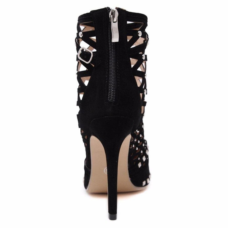 pointed toe high heels flock cut-outs rivets party dress stiletto