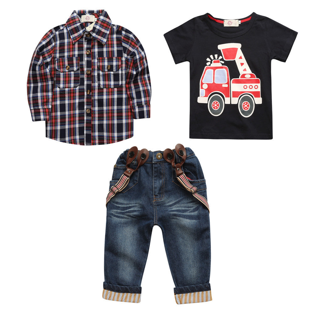 children's clothing for baby spring sleeve print suit long plaid shirts + t-shirt + jeans 3 pcs set kids clothes