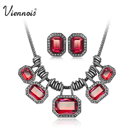 silver gun plated crystal jewelry set for woman white red chain necklaces & stud earrings luxury party jewelry