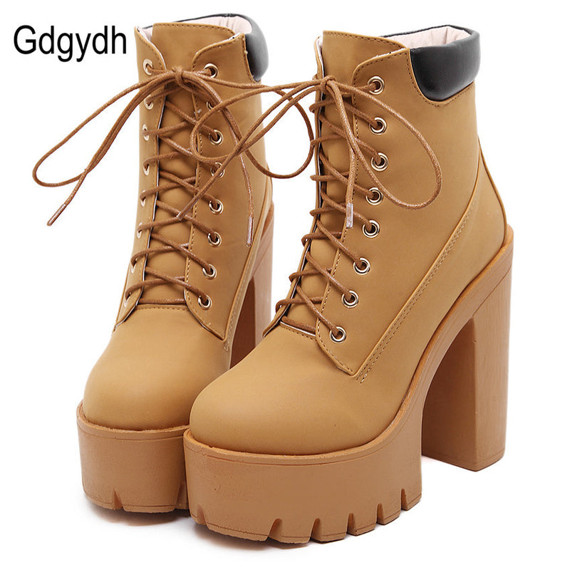 gdgydh fashion spring autumn platform ankle boots women lace up thick heel martin boots ladies worker boots black size 35-39