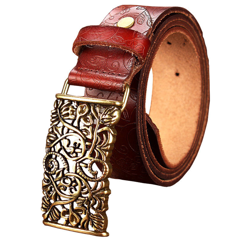new fashion cow genuine leather belt woman vintage floral metal buckle wide belts for women top quality strap for female jeans