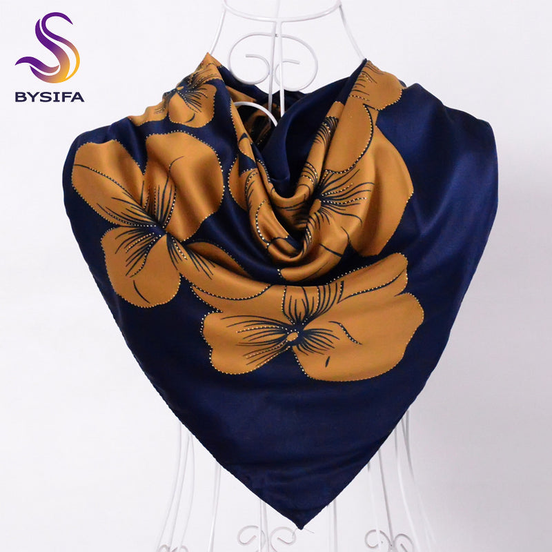 [bysifa] top grade satin square scarves wraps accessories ladies navy blue silk scarf shawl 100*100cm elegant turkey head scarf